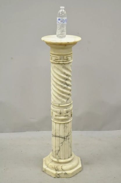 Italian Neoclassical Spiral Carved Marble Greek Key Column Pedestal Plant Stand