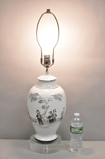 Vintage Chinoiserie White Ceramic Jardiniere Vase Oriental Table Lamp on Lucite