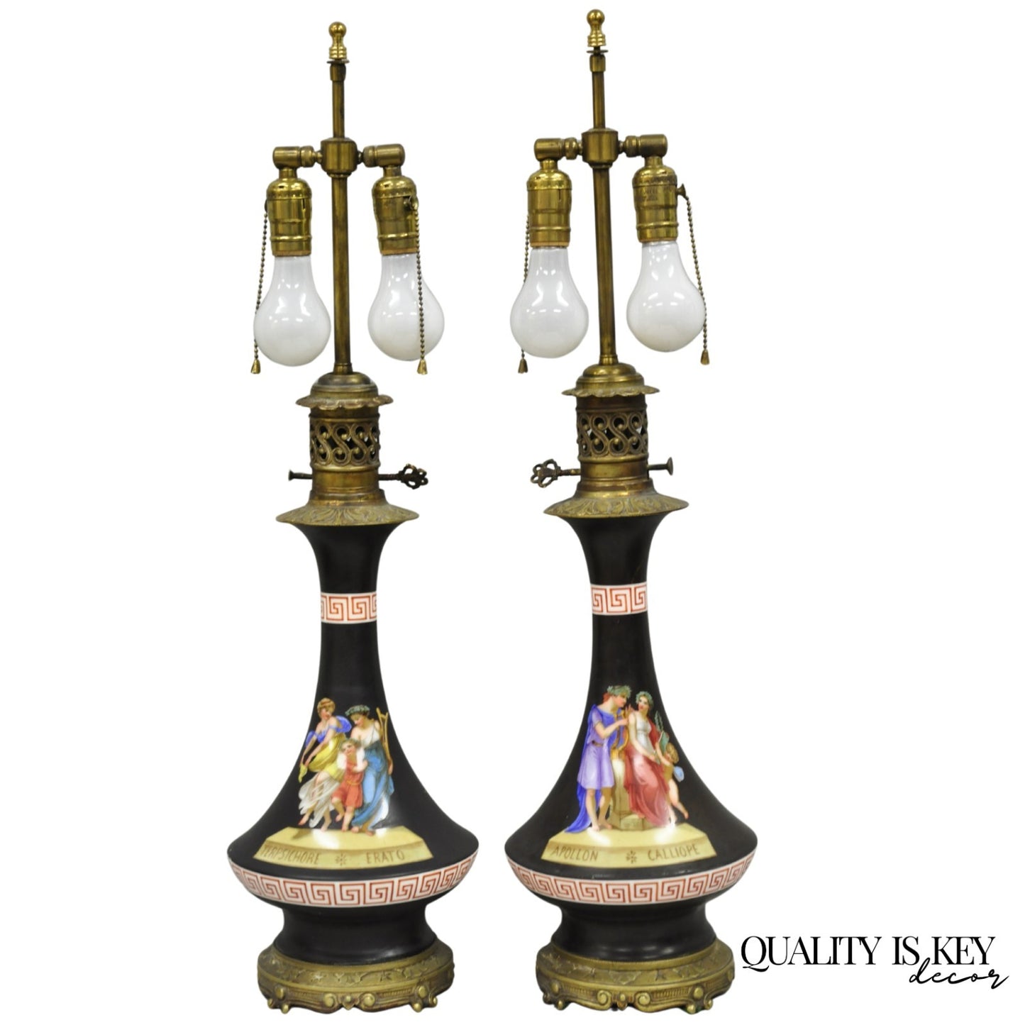 Antique French Neoclassical Bronze & Black Porcelain Painted Table Lamps - Pair