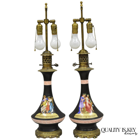 Antique French Neoclassical Bronze & Black Porcelain Painted Table Lamps - Pair