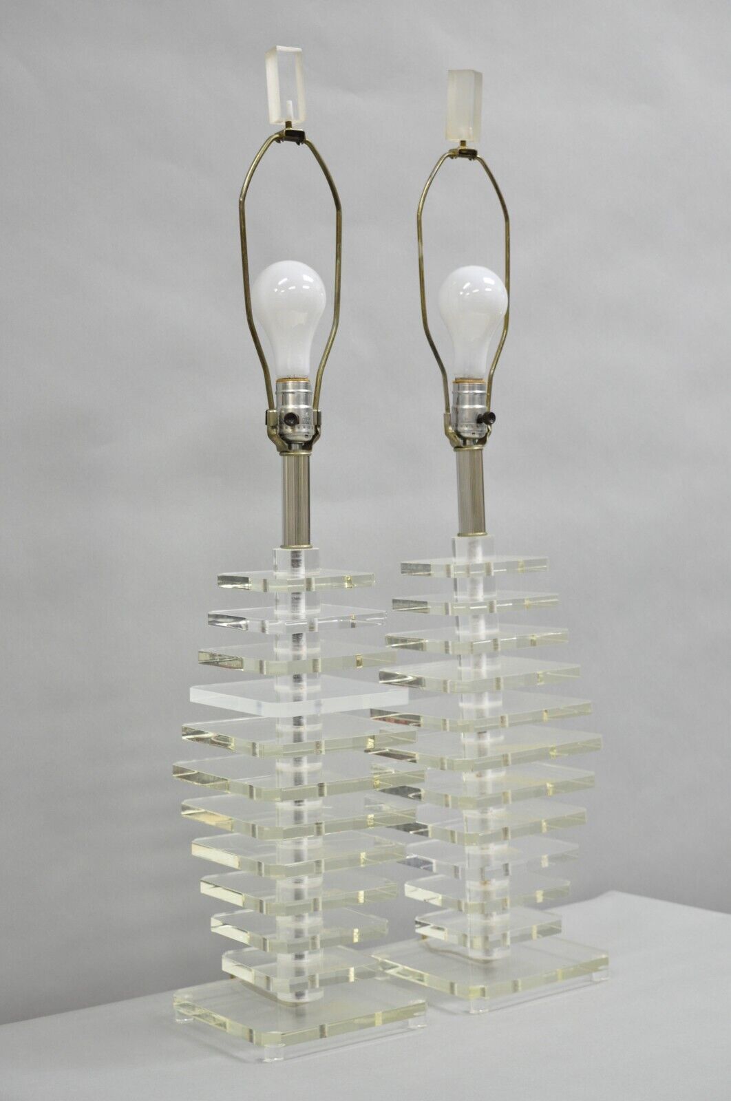 Vintage Mid Century Modern Stacked Lucite Skyscraper Table Lamps - a Pair