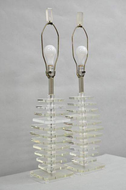 Vintage Mid Century Modern Stacked Lucite Skyscraper Table Lamps - a Pair