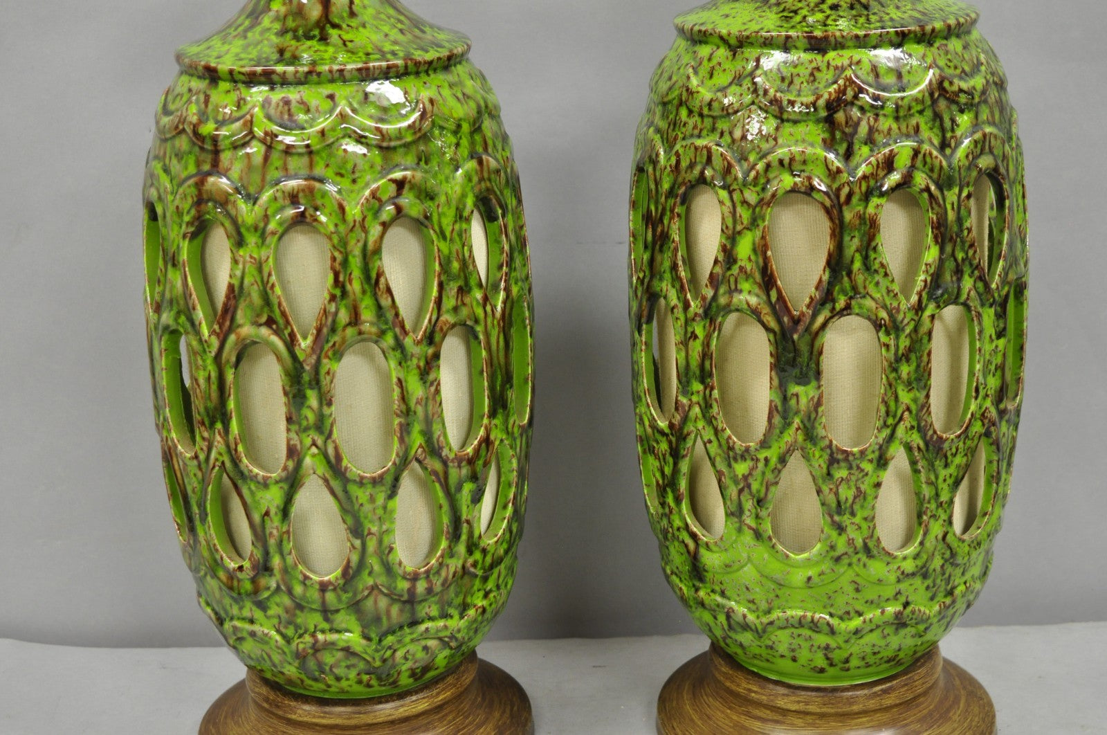 Vintage Mid Century Modern Green Lava Glazed Ceramic Pierced Table Lamps - Pair
