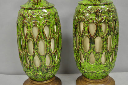 Vintage Mid Century Modern Green Lava Glazed Ceramic Pierced Table Lamps - Pair