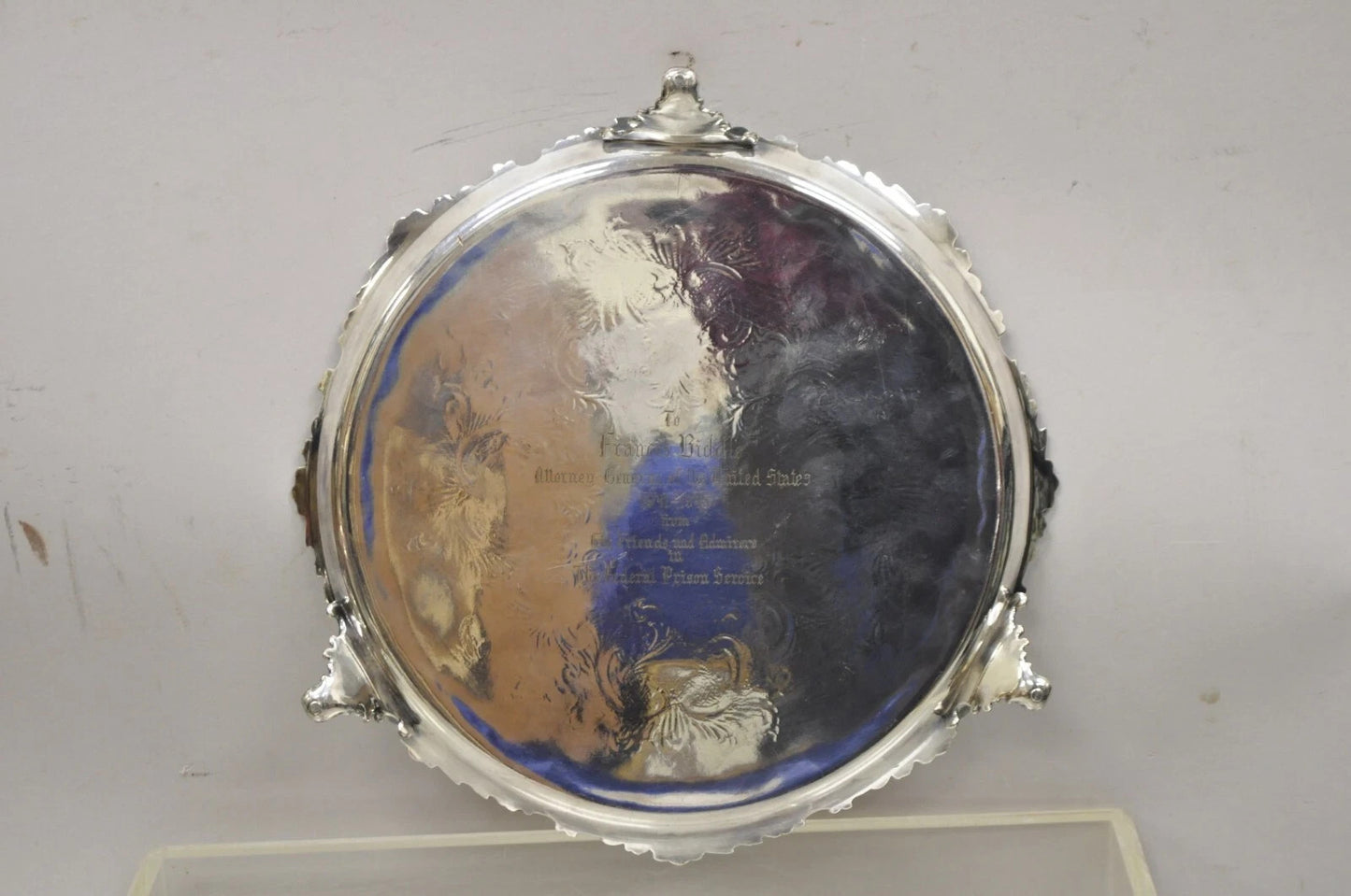 Antique Victorian Silver Plated 12" Round Award Platter Tray to Francis Biddle