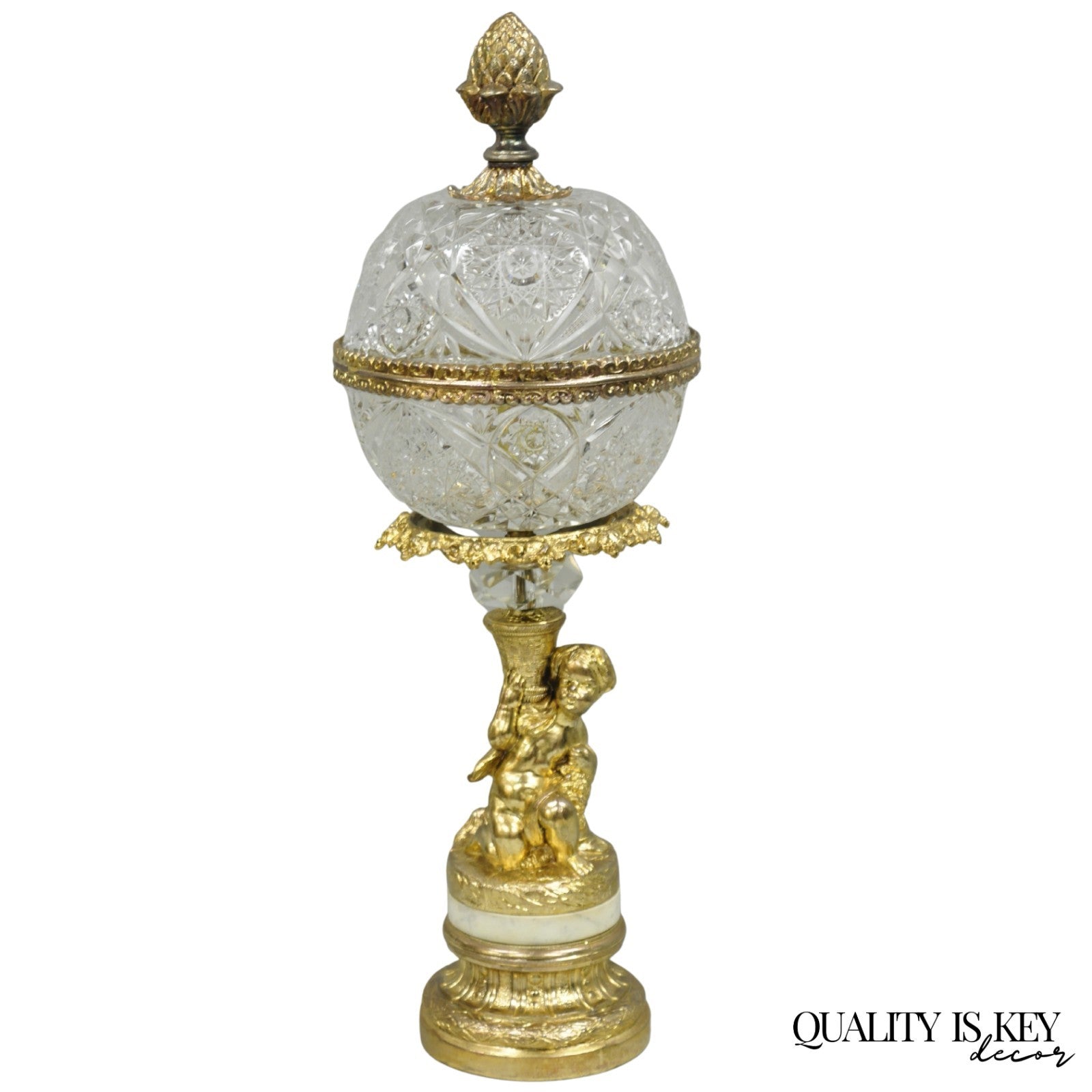 Vintage French Hollywood Regency Gold Cherub Crystal Glass Globe Table Lamp