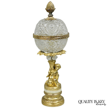 Vintage French Hollywood Regency Gold Cherub Crystal Glass Globe Table Lamp