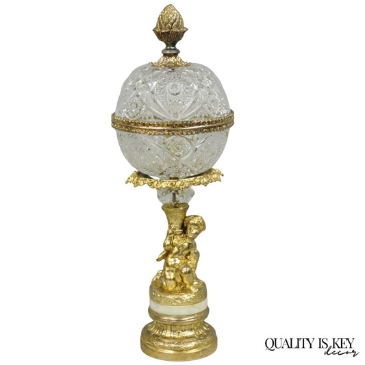 Vintage French Hollywood Regency Gold Cherub Crystal Glass Globe Table Lamp