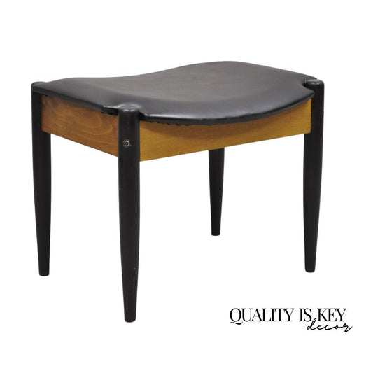 Norco Mid Century Modern Sculpted Footstool Ottoman Tapered Leg Black Vinyl Seat