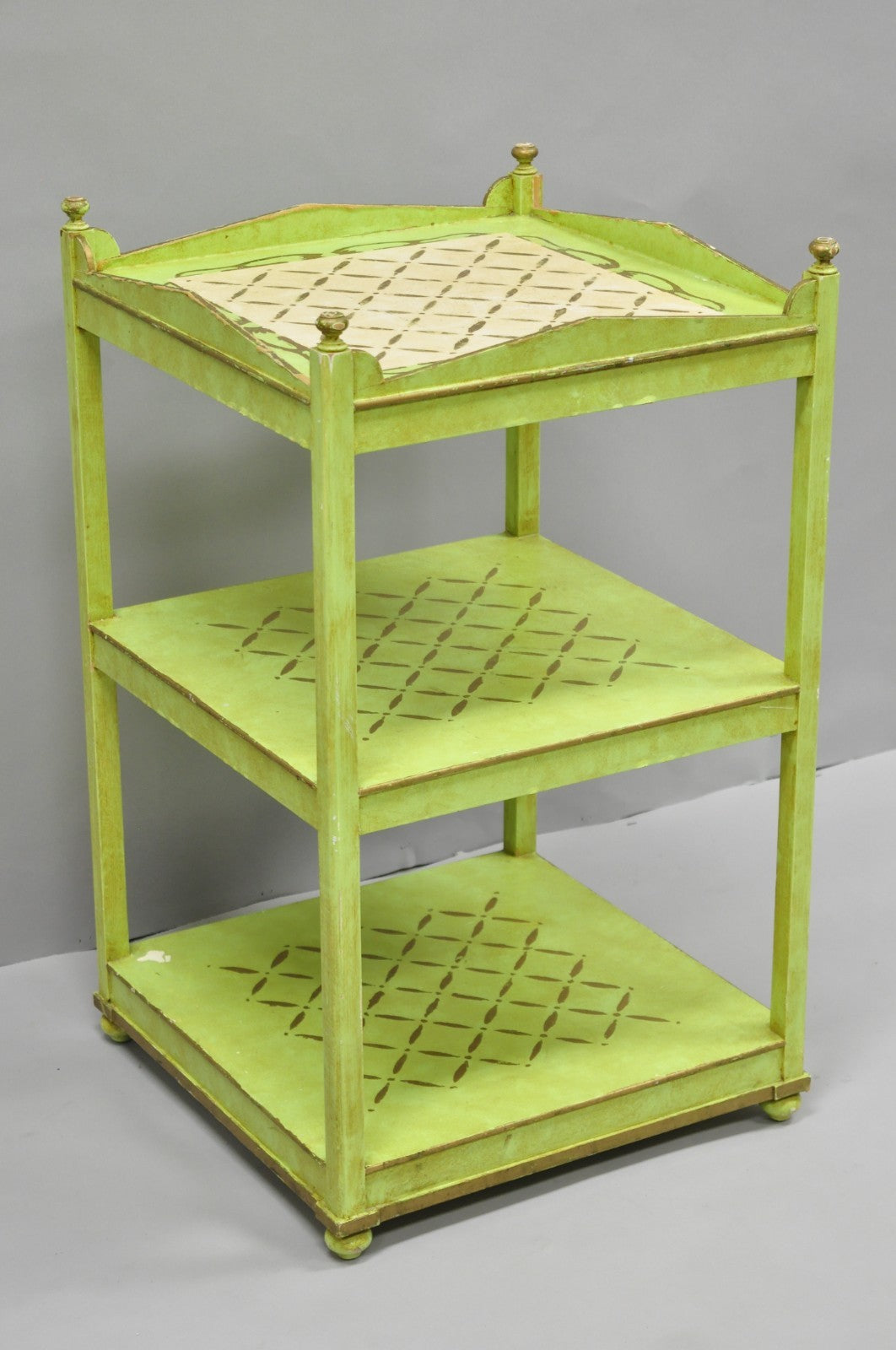 Vintage Italian Venetian Green Distress Painted 3 Tier French Country Side Table