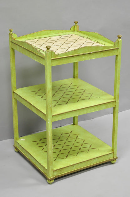 Vintage Italian Venetian Green Distress Painted 3 Tier French Country Side Table