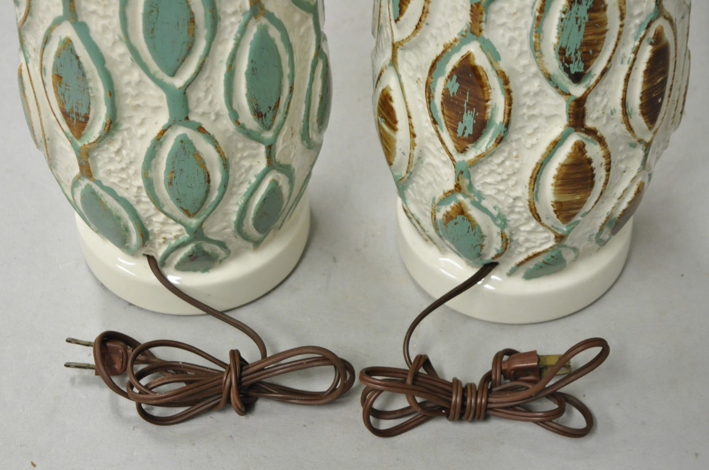 Vintage Mid Century Modern Turquoise Blue White Ceramic Pottery Table Lamp Pair