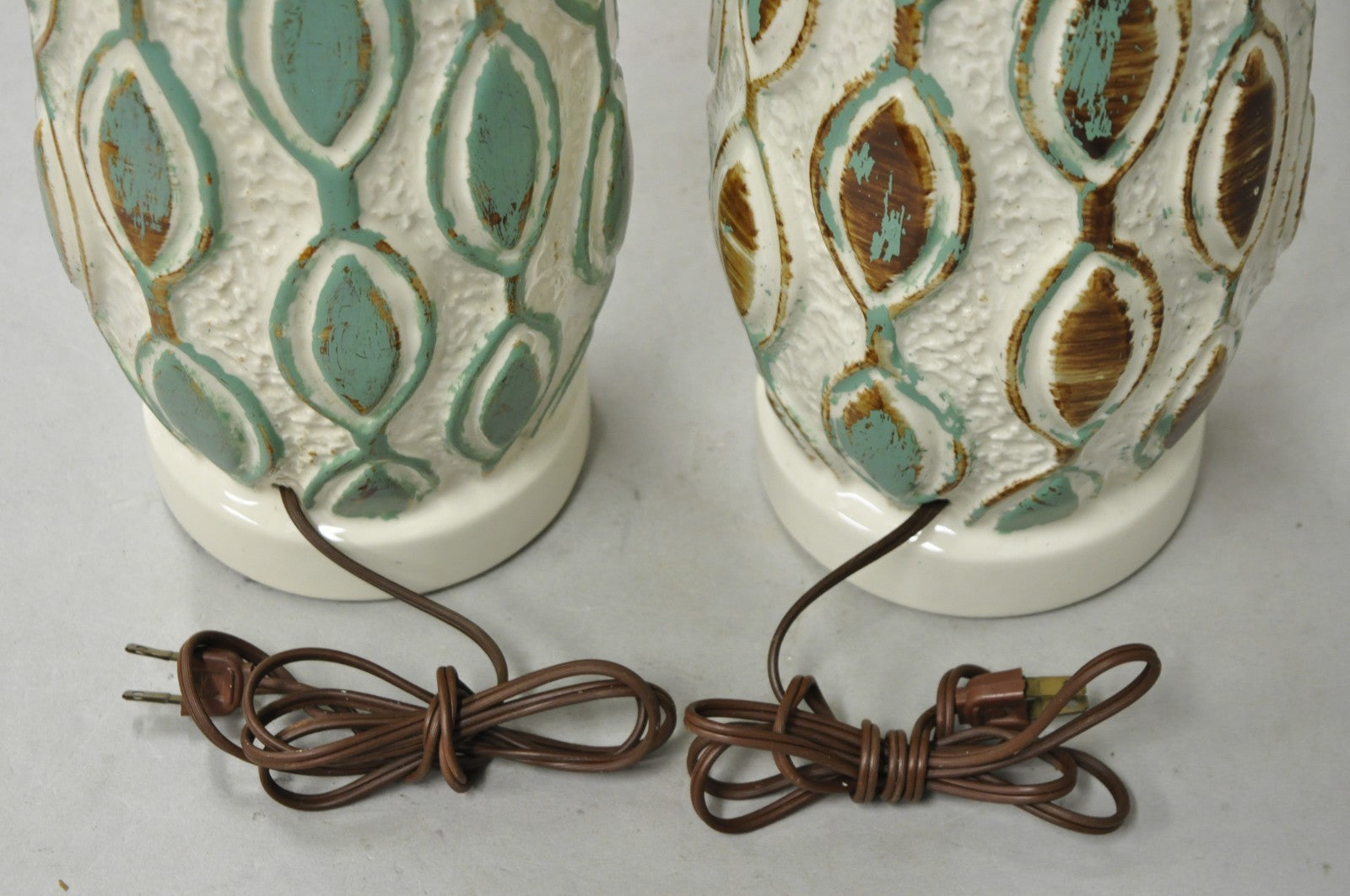 Vintage Mid Century Modern Turquoise Blue White Ceramic Pottery Table Lamp Pair