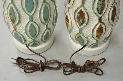 Vintage Mid Century Modern Turquoise Blue White Ceramic Pottery Table Lamp Pair