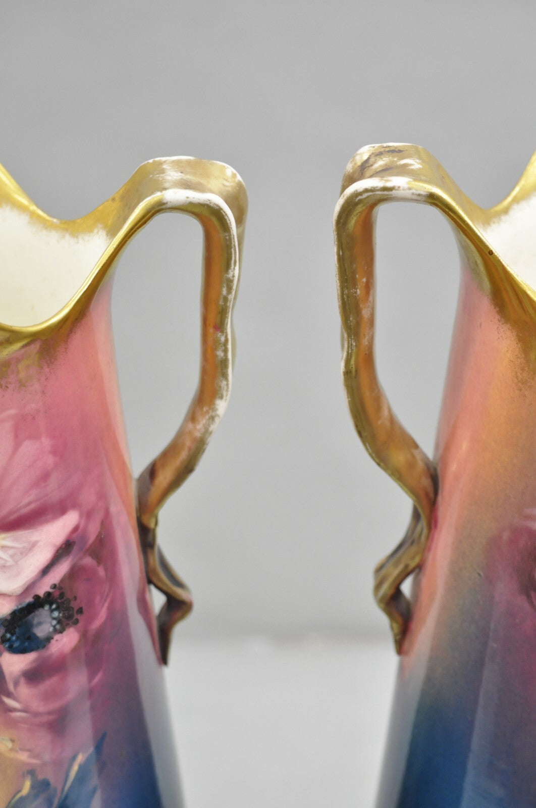 French Art Nouveau Floral Painted Blue Pink Porcelain Austrian 17" Vase - Pair