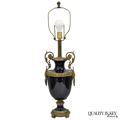 Antique French Empire Cobalt Blue Porcelain Figural Gilt Bronze Urn Table Lamp