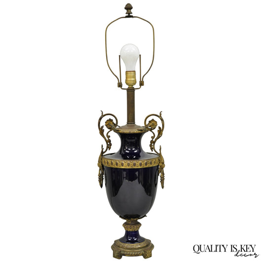 Antique French Empire Cobalt Blue Porcelain Figural Gilt Bronze Urn Table Lamp