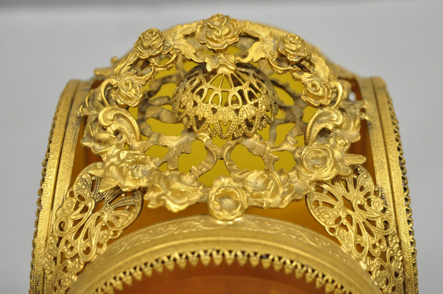 Vintage French Victorian Amber Glass Gold Filigree Vanity Jewelry Box Casket