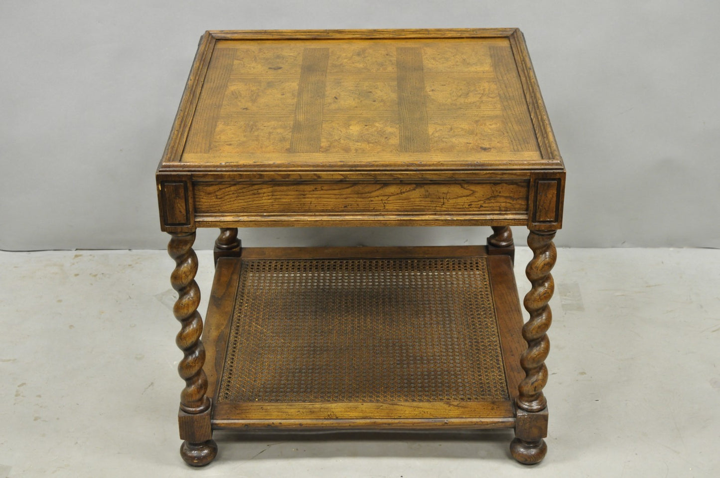 Vintage Baker Barley Twist Oak & Burlwood Parquetry Inlay Square Lamp Side Table