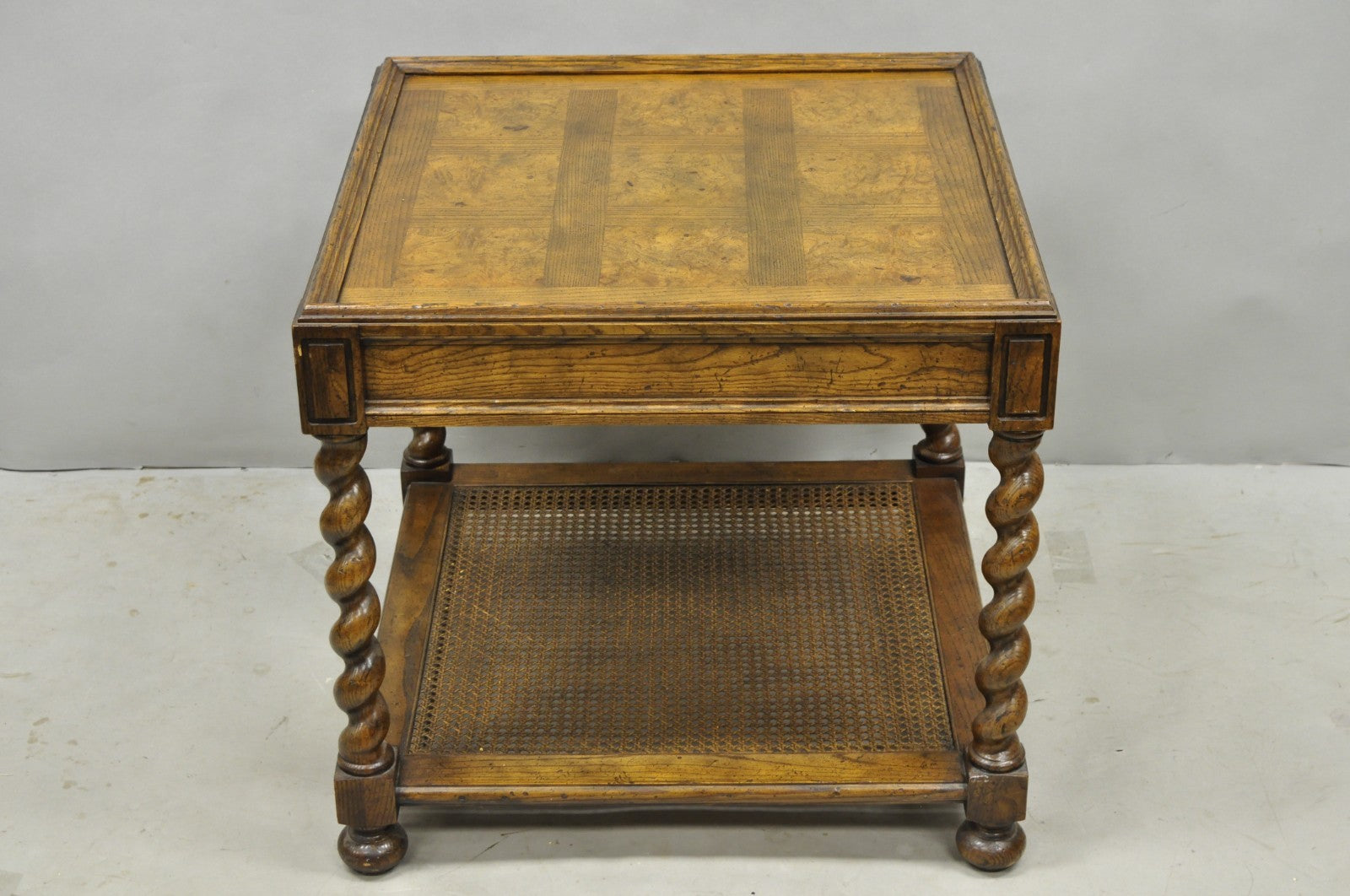 Vintage Baker Barley Twist Oak & Burlwood Parquetry Inlay Square Lamp Side Table