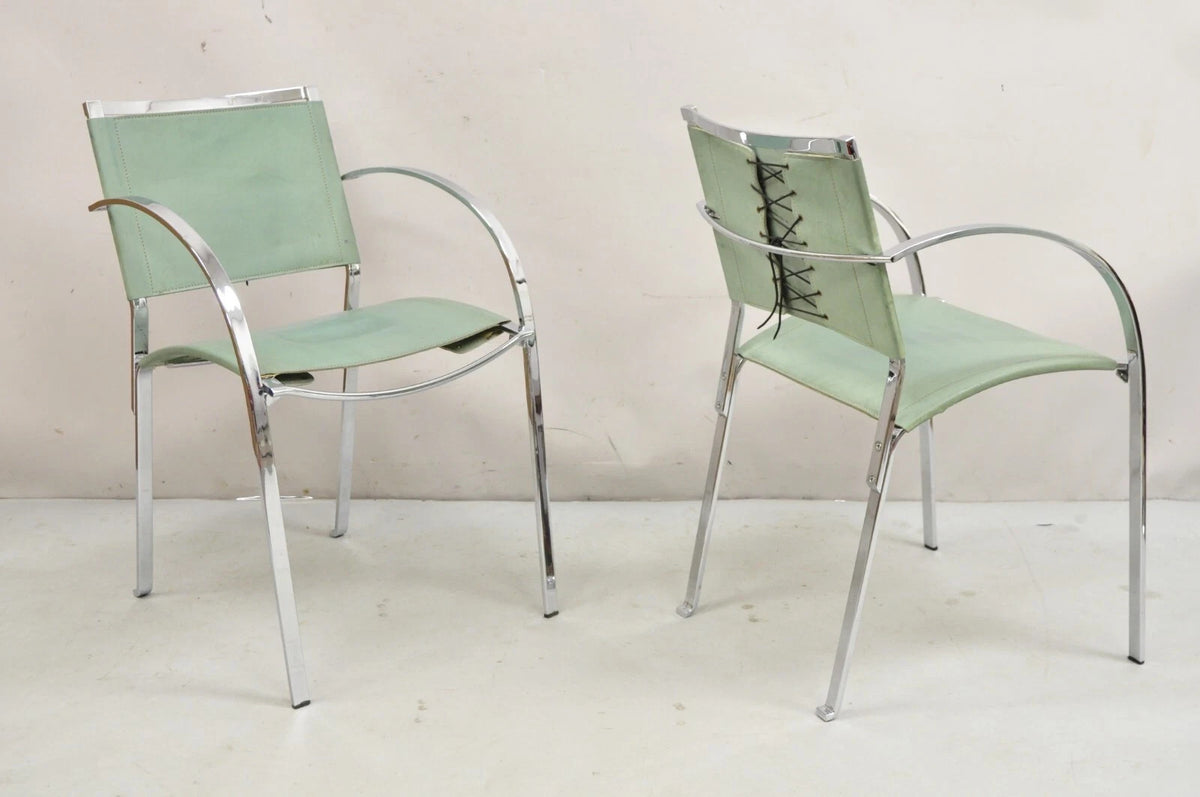 Italian Modern Naos Italy Teal Blue Leather Chrome "Corset" Arm Chairs - a Pair