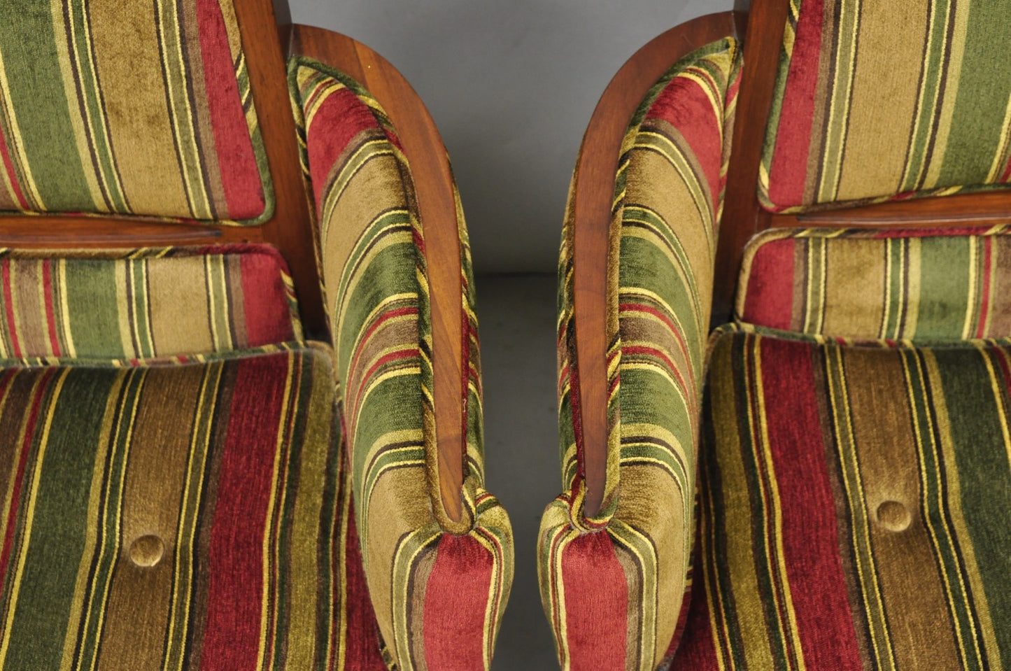 Vintage Mid Century Modern Walnut Panel Back Sculptural Lounge Arm Chairs - Pair