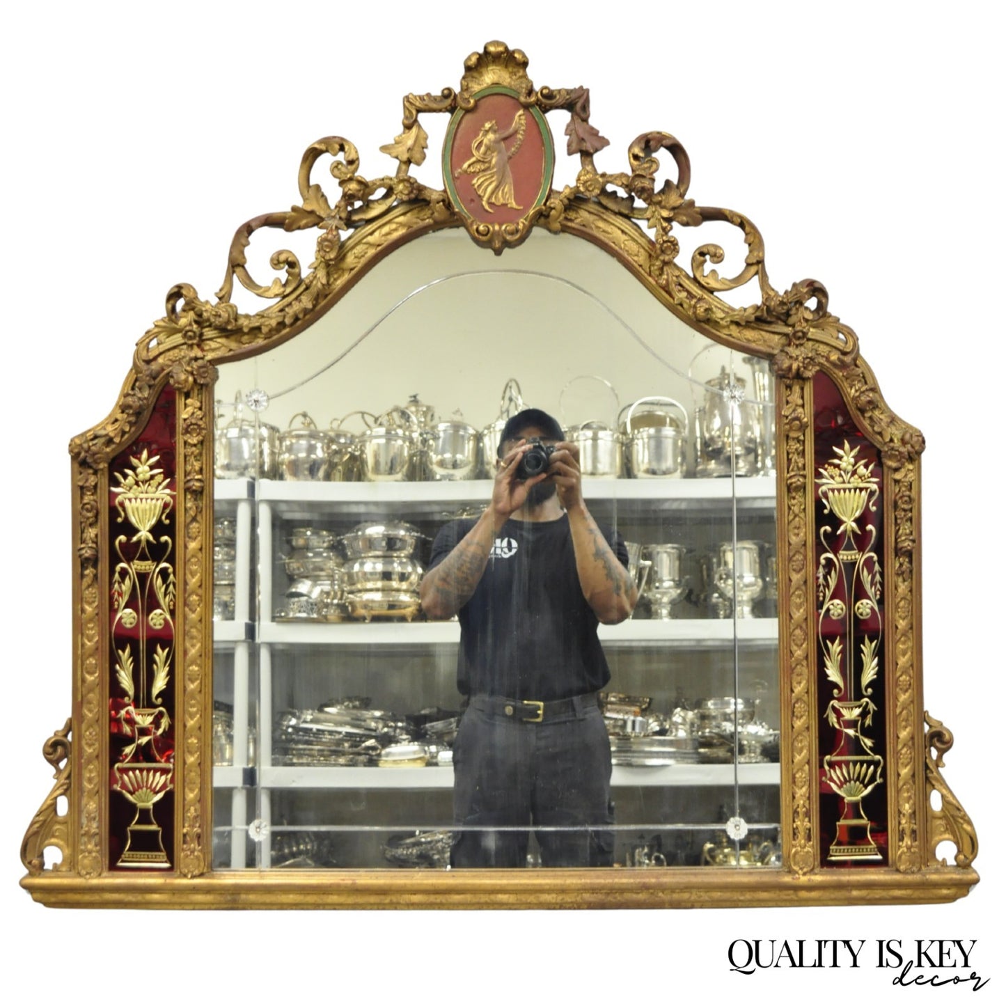 Antique French Neoclassical Baroque Gold Gilt Gesso Red Glass Frame Wall Mirror
