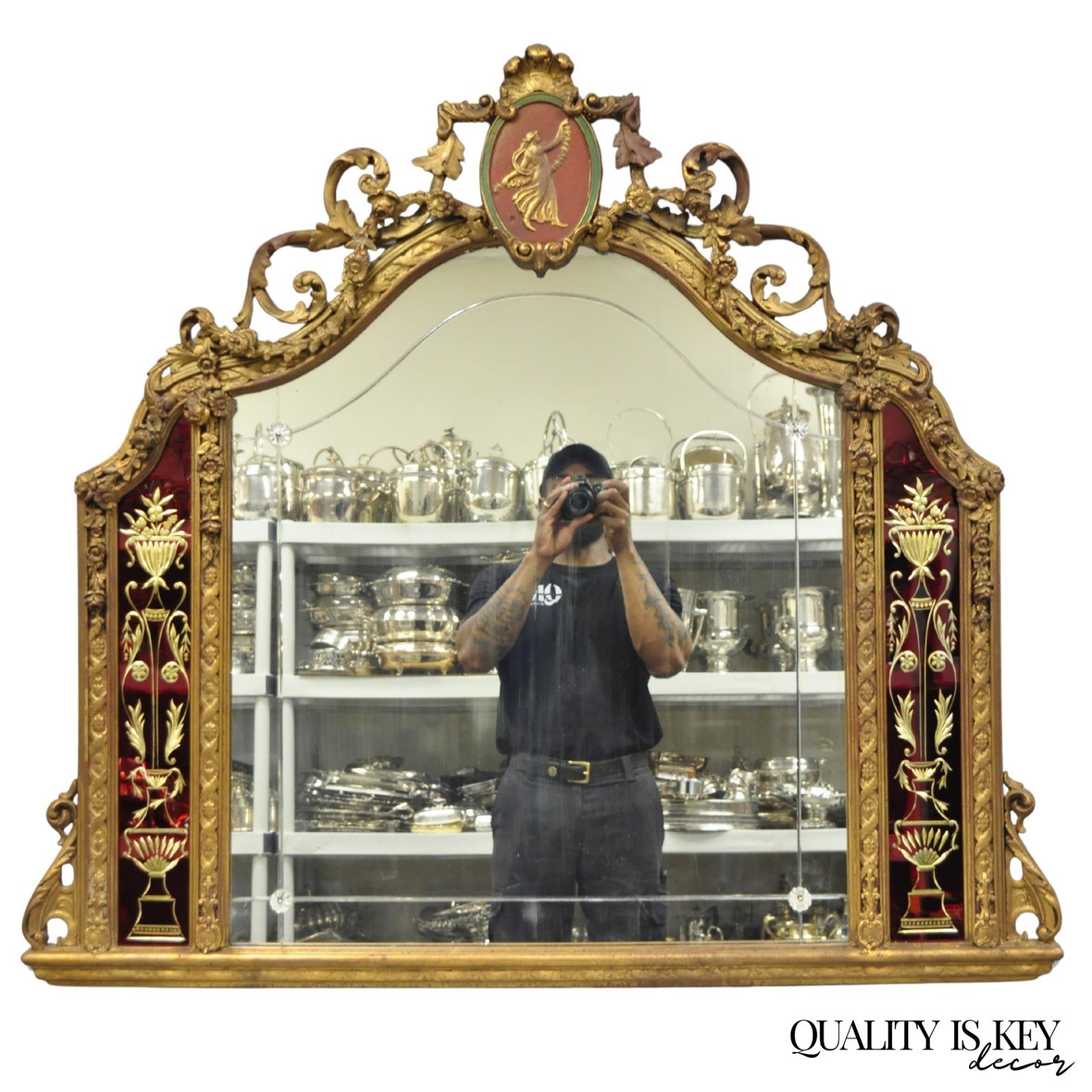 Antique French Neoclassical Baroque Gold Gilt Gesso Red Glass Frame Wall Mirror