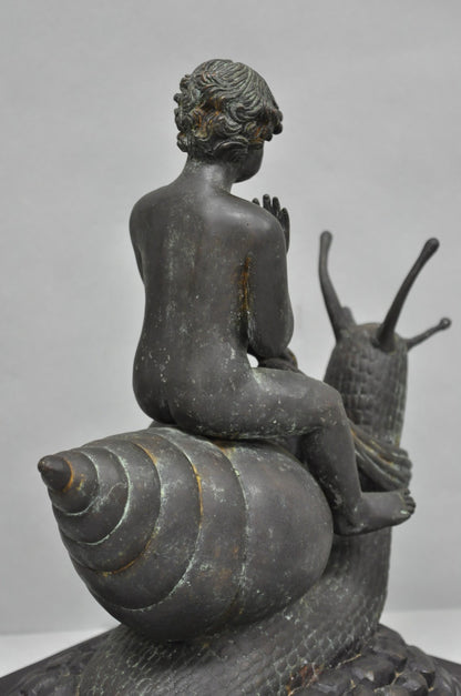 Vintage Mythical Bronze Cherub Riding Snail Sculpture Figure attr Maitland Smith