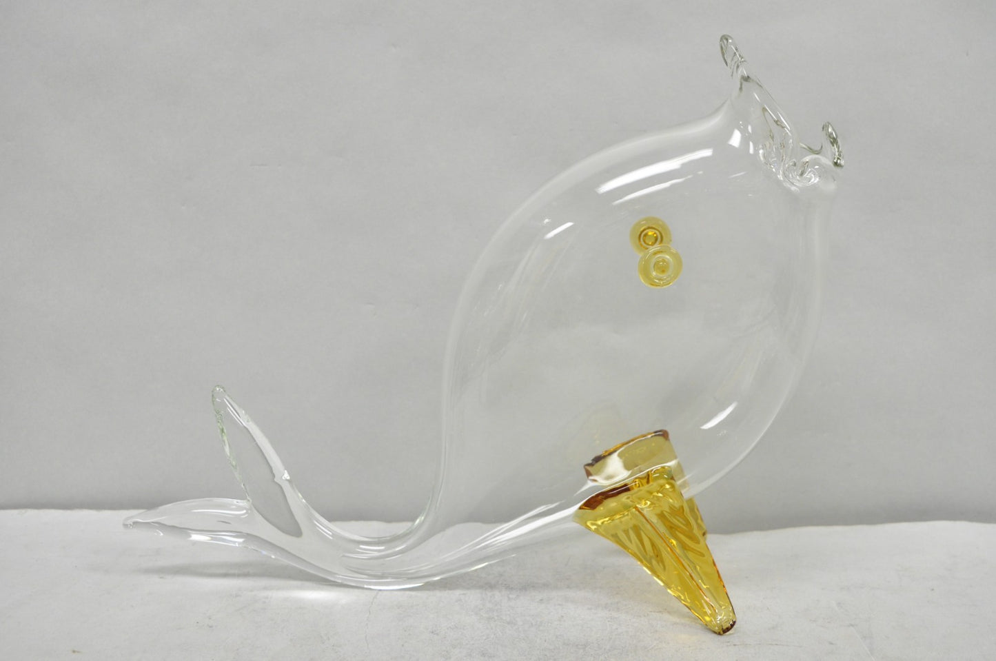 Vintage Mid Century Modern Blenko Style Amber Fin Blown Glass Fish Vase Bowl