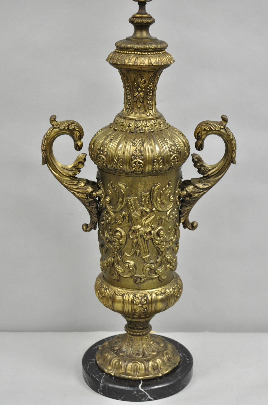 Antique Italian Renaissance Gold Bronze Figural Twin Handle Urn Large Table Lamp