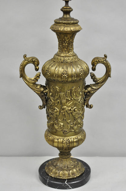 Antique Italian Renaissance Gold Bronze Figural Twin Handle Urn Large Table Lamp