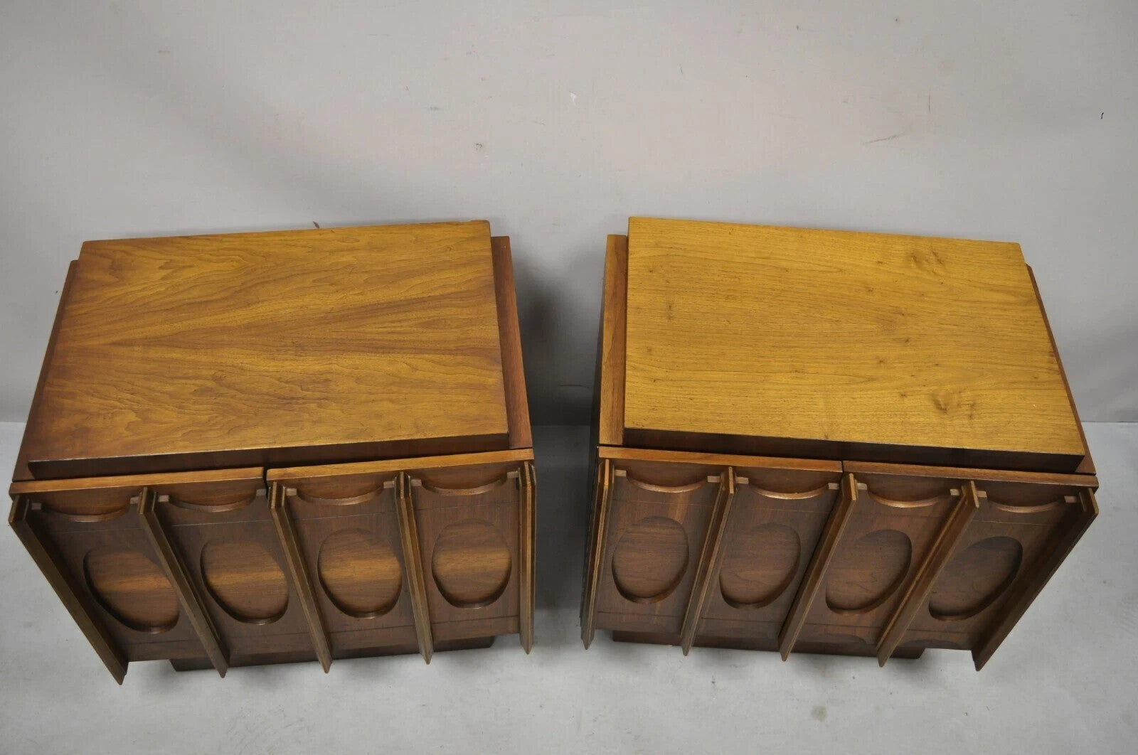 Vintage Mid Century Modern Sculpted Walnut Nightstand Cabinets by Tobago - Pair