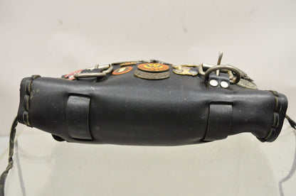Vintage Black Leather Front Fork Saddle Tool Bag with Harley Davison Biker Pins
