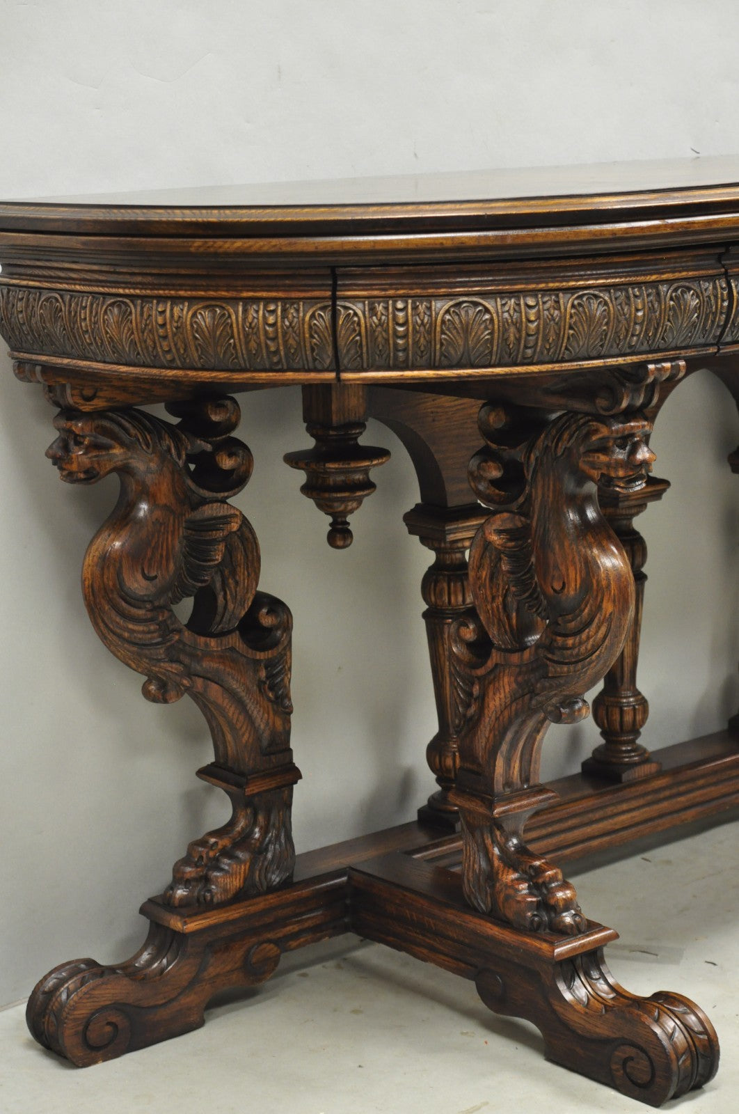 Antique Italian Renaissance Figural Carved Griffin Oak Flip Top Library Table
