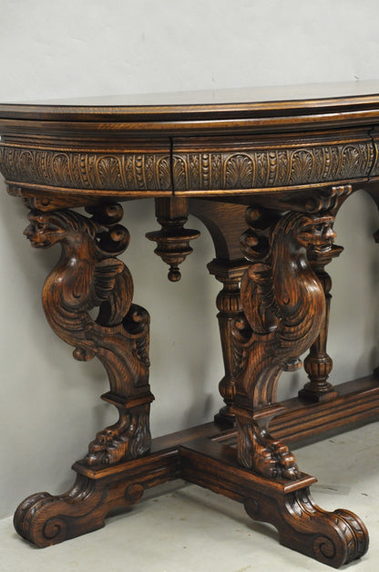 Antique Italian Renaissance Figural Carved Griffin Oak Flip Top Library Table