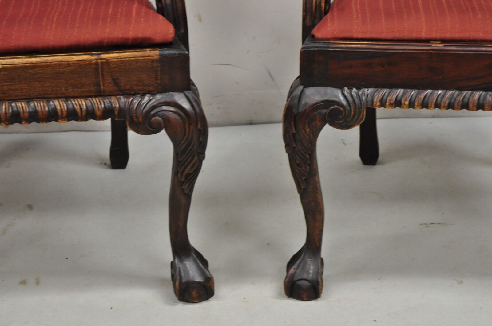 Chippendale Style Mahogany Carved Ball and Claw Dining Arm Chairs - a Pair