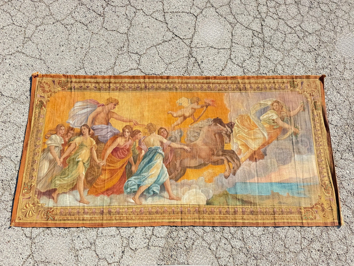 19th C. French Toile Peinte Hand Painted 112" Tapestry after Reni "The Aurora"