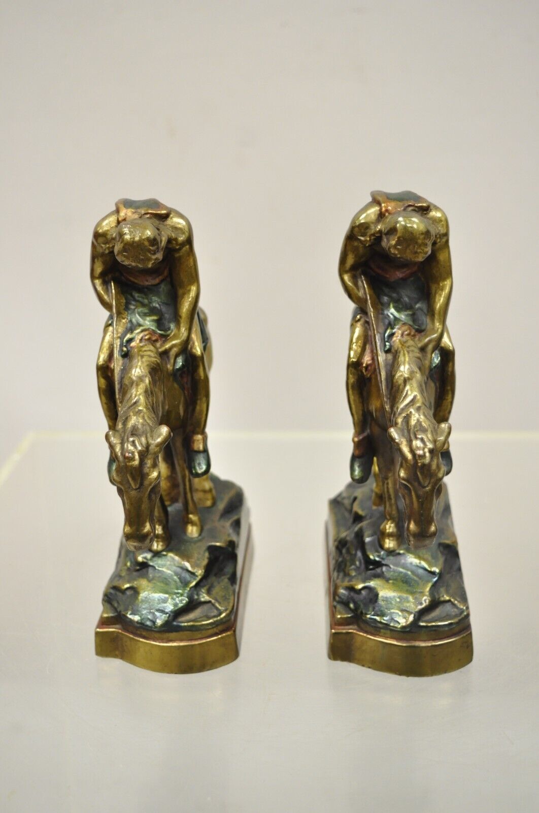 Vintage Bronze Clad 8" End of Trail Indian on Horse Figure Bookends - a Pair