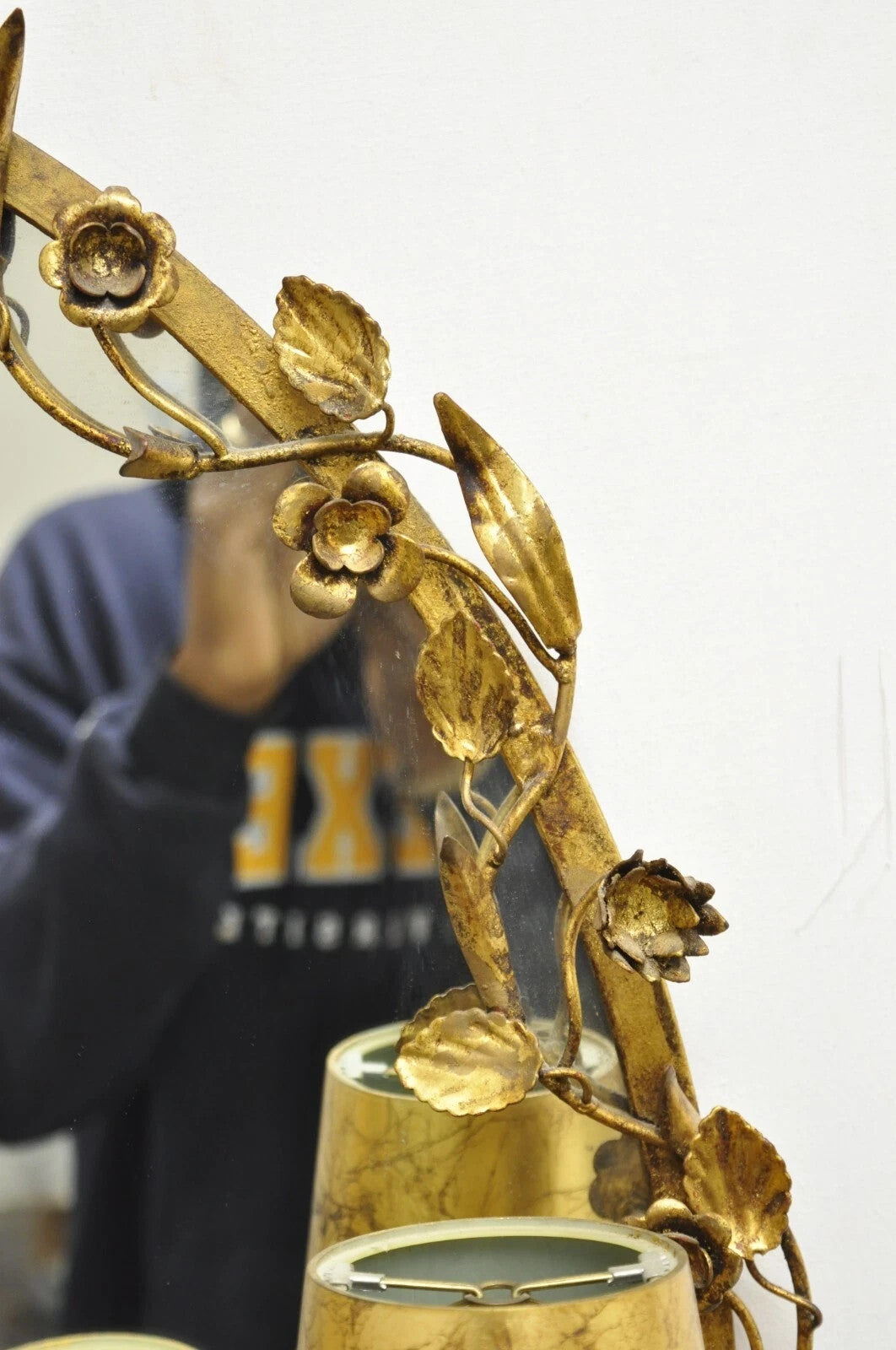 Vintage Italian Hollywood Regency Gold Gilt Iron Floral Wall Sconce Oval Mirror