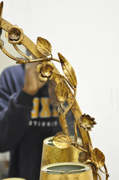 Vintage Italian Hollywood Regency Gold Gilt Iron Floral Wall Sconce Oval Mirror