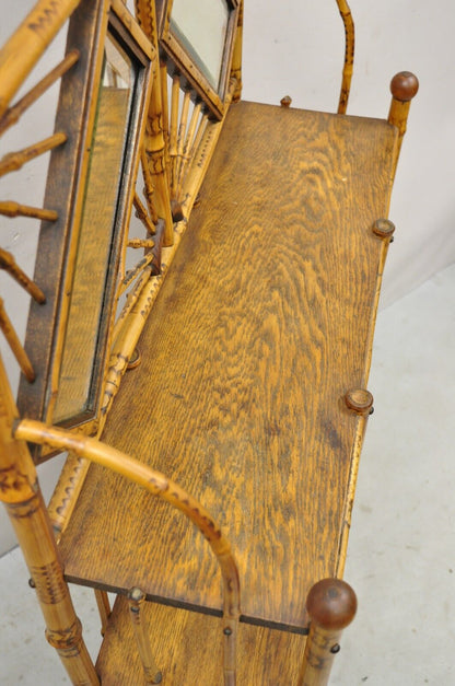 19th C English Victorian Bamboo Stick and Ball Curio Shelf Etagere w/ Mirror