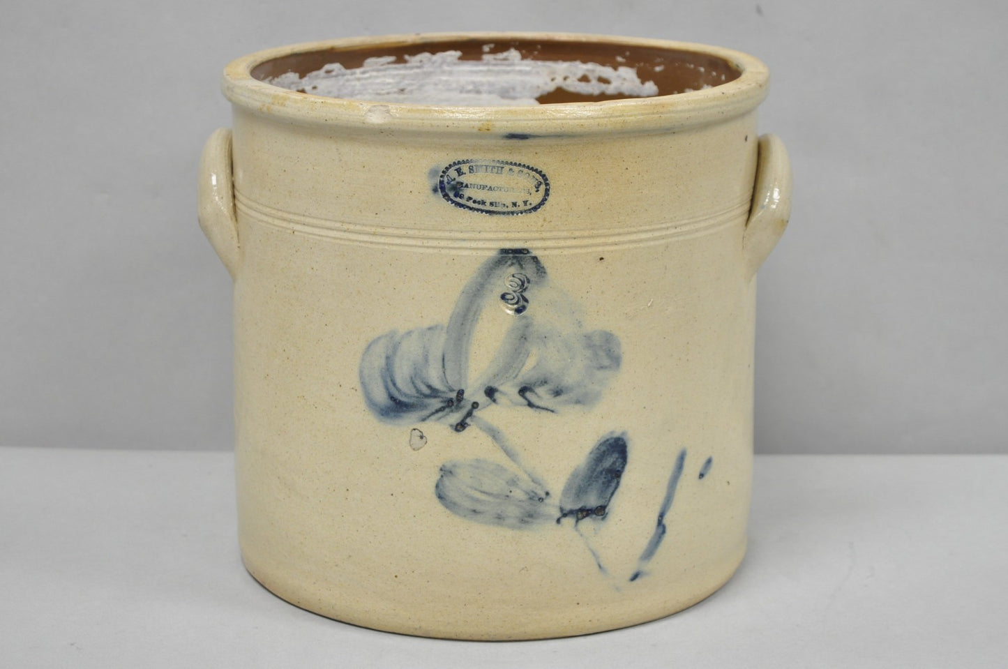 Antique A.E. Smith & Sons Cobalt Blue Painted Flower 3 Gallon Stoneware Crock