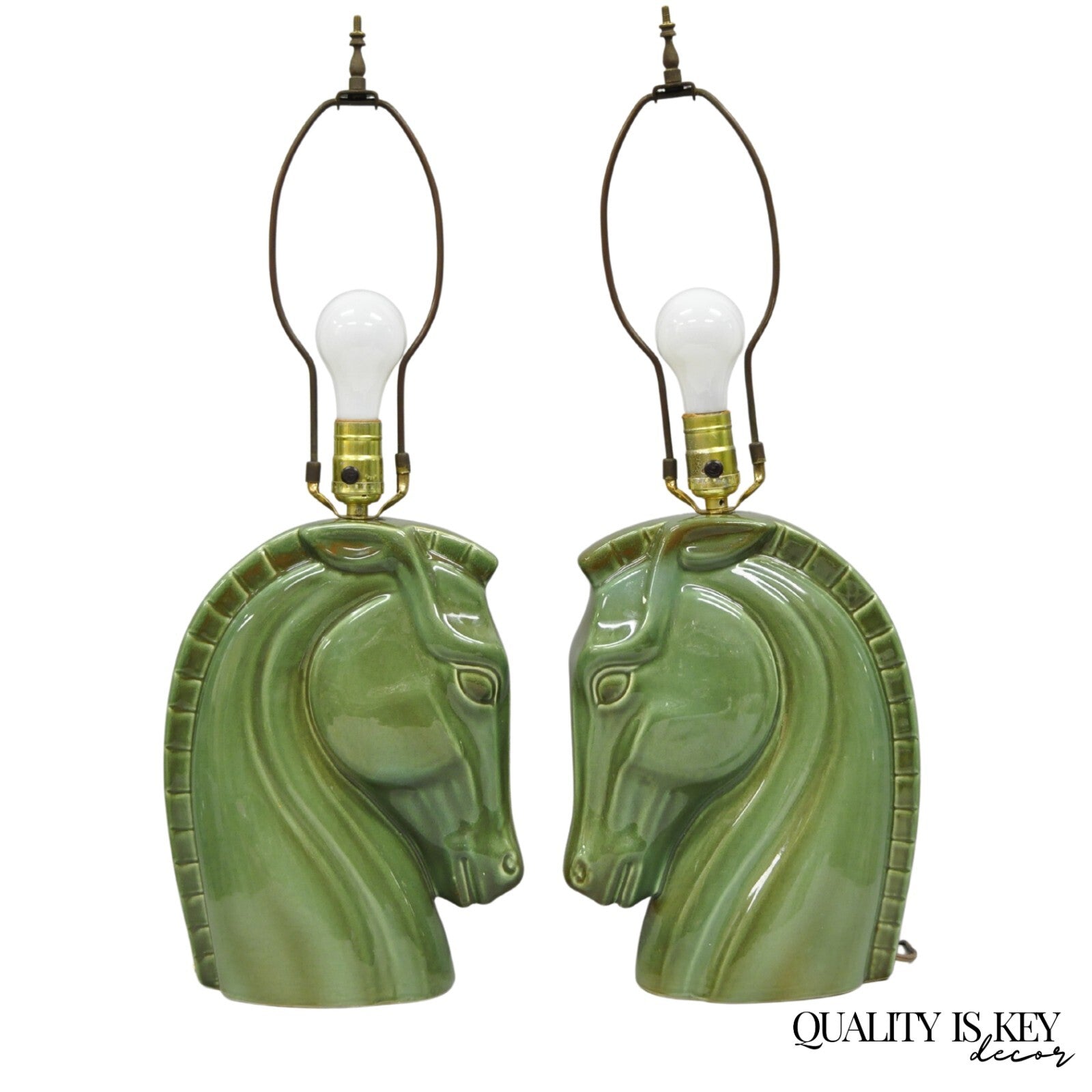 Vintage Mid Century Modern Green Glazed Ceramic Horse Head Table Lamps - a Pair