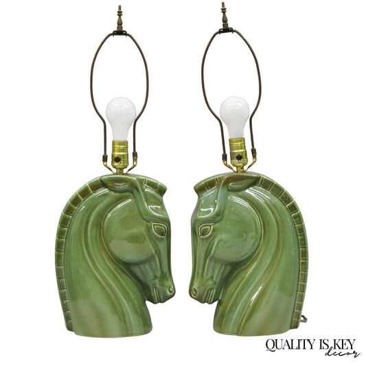 Vintage Mid Century Modern Green Glazed Ceramic Horse Head Table Lamps - a Pair