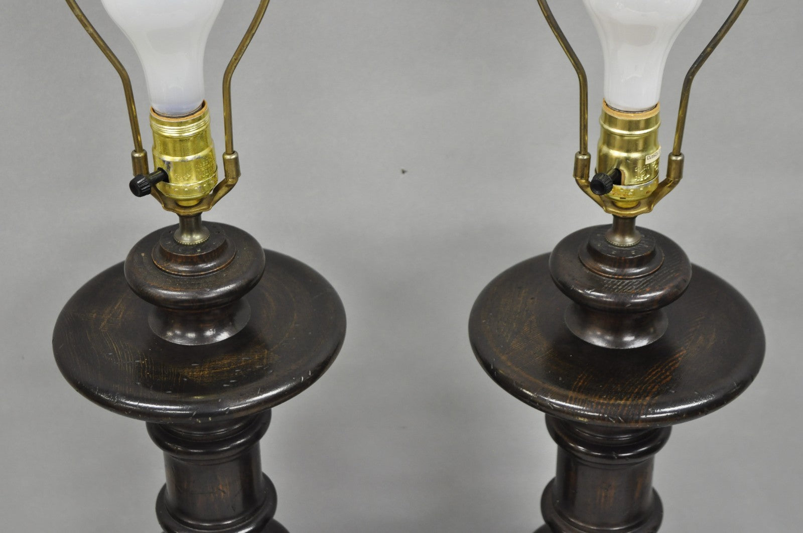 Vintage French Country Farmhouse Distressed Solid Carved Wood Table Lamps - Pair