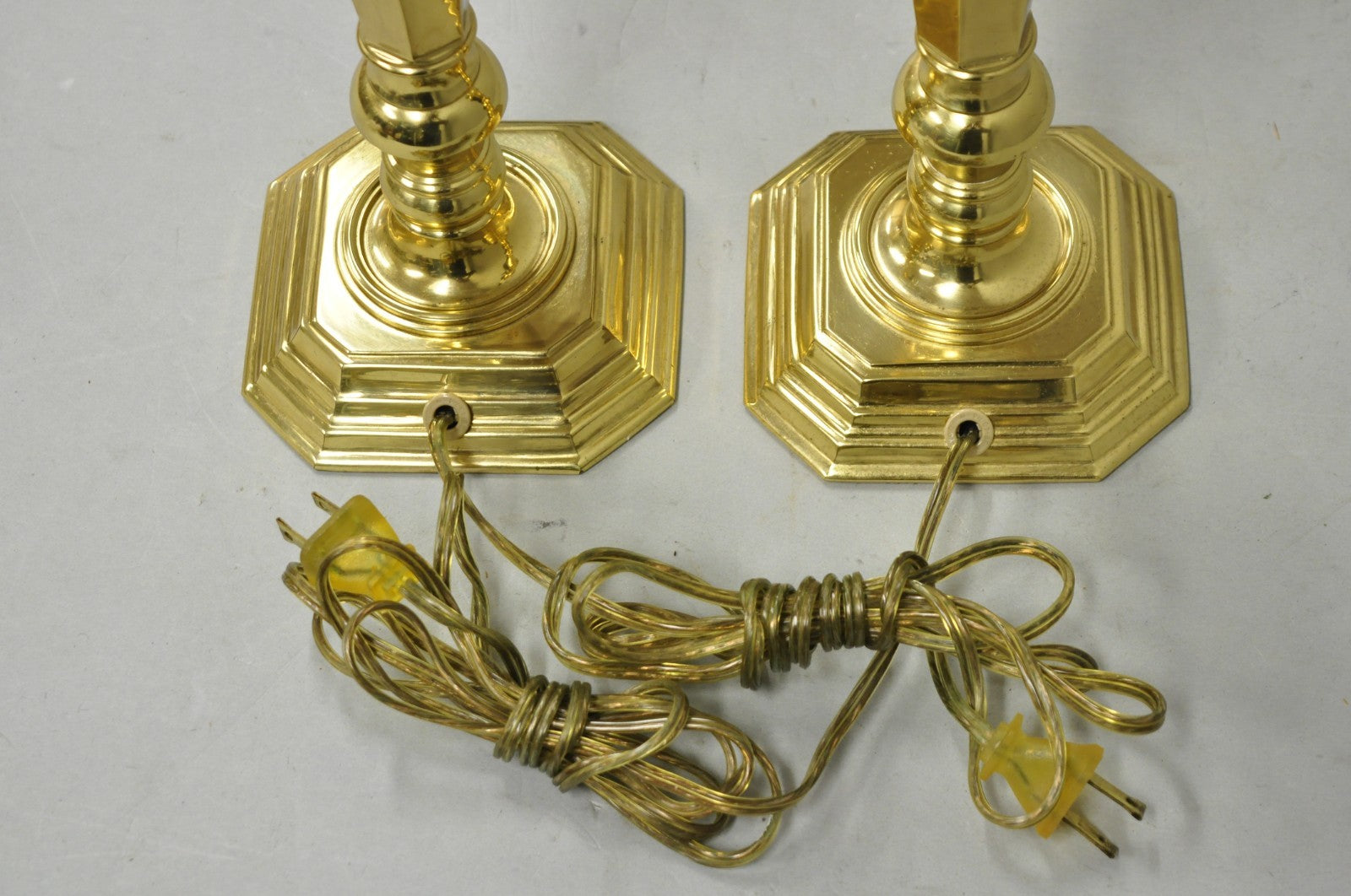Vintage Federal Style Polished Brass Candlestick Small Vanity Table Lamps a Pair