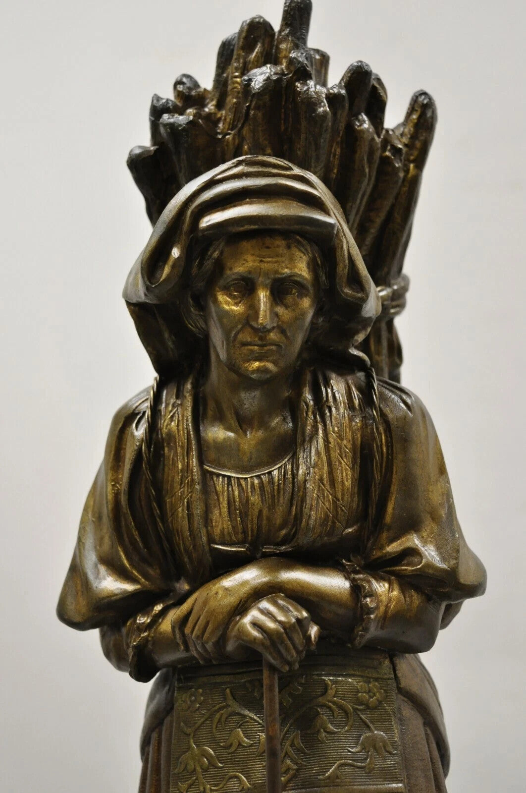 Antique Hiver French Spelter Sculpture Statue of Woman Carrying Bundle of Sticks