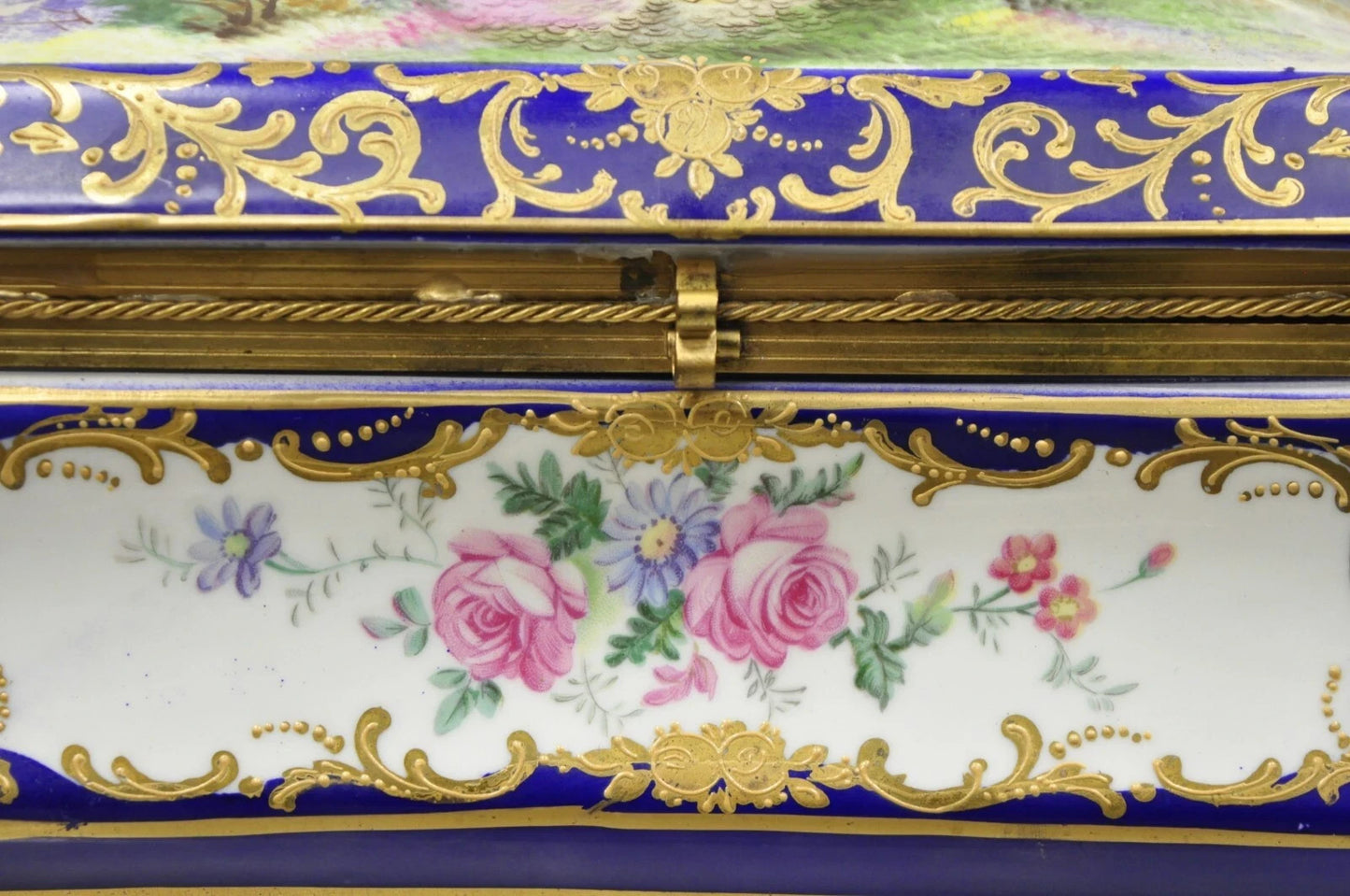 Antique French Victorian Porcelain Hand Painted Hinged Jewelry Trinket Box
