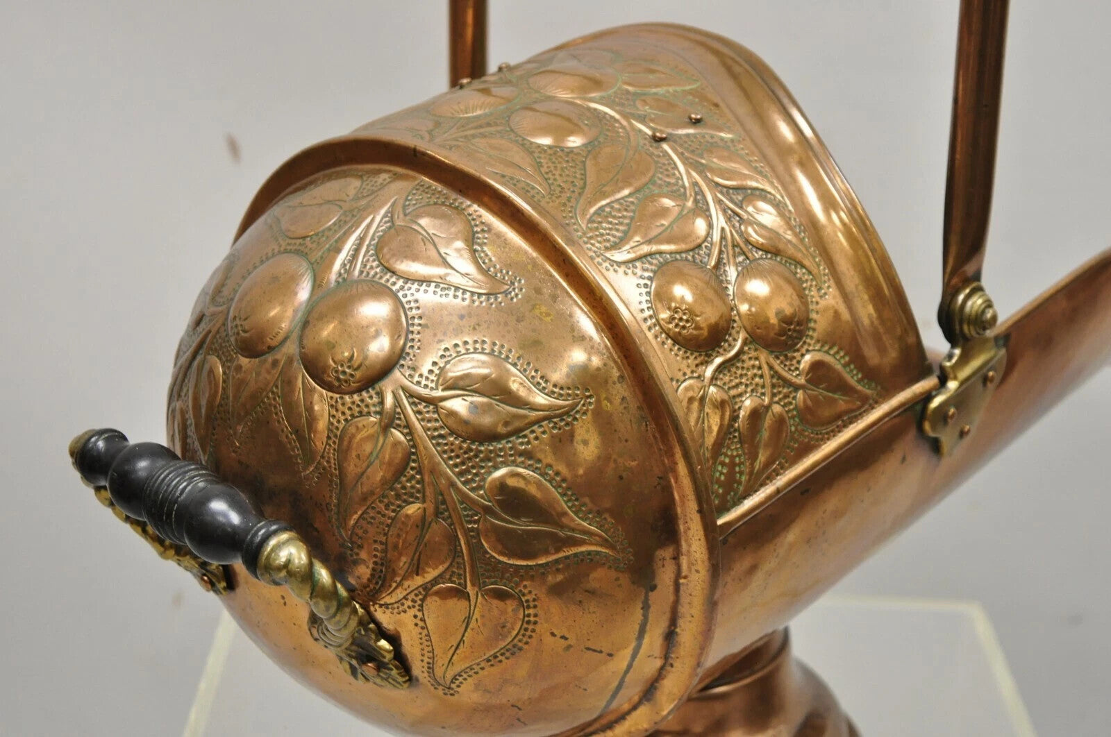 Antique English Victorian Floral Embossed Copper Helmet Coal Scuttle Bucket